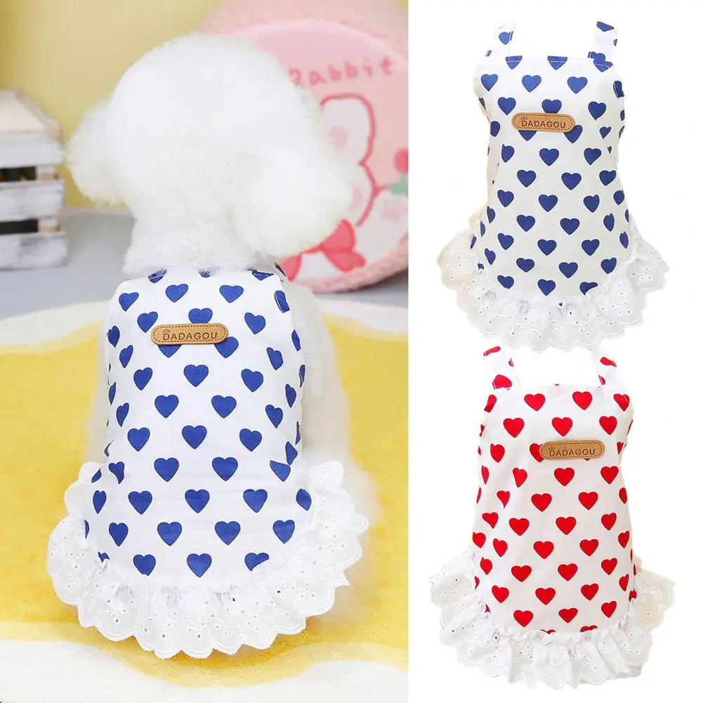 Pet Dress Lace Edge Heart Pattern Label Design Spring Summer Thin Puppy Dress Dog Skirt Full Print Doodle Dog Traction Clothes