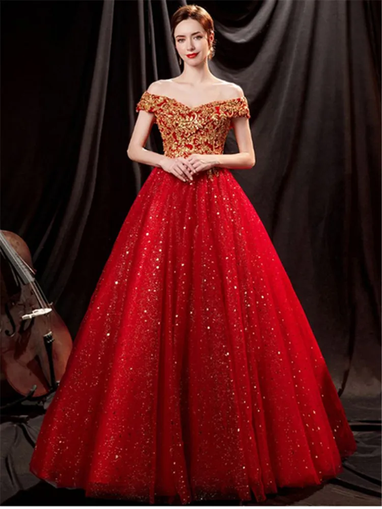 

Wine Red Dress Women's New Solid Color Stitching Embroidery Sequin Card Shoulder Long A-line Skirt Elegant Female Clothing M139