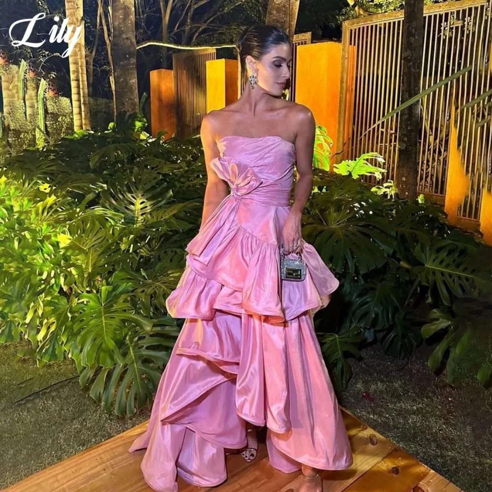 

Lily Pink Elegant Formal Gown Strapless Sleeveless Prom Dress Pleating Layered Evening Dresses robe soirée femme chic Customized