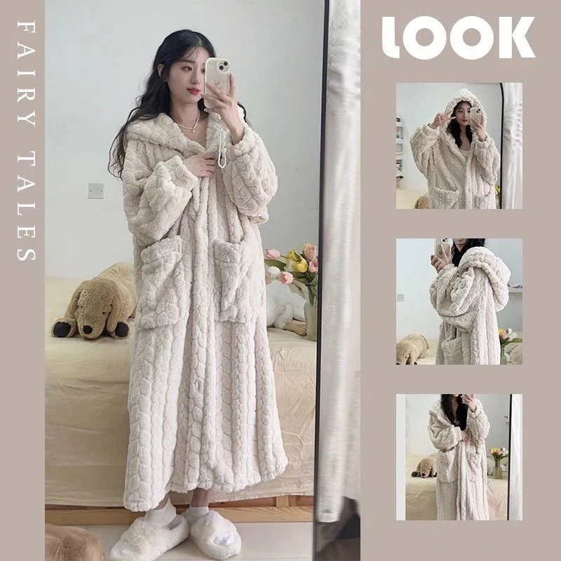 

Осень-зима женские пижамы длинные милые коралловые бархатные домашняя одежда со шляпой ленивый халат толстая теплая сексуальная ночная рубашка женская одежда для сна