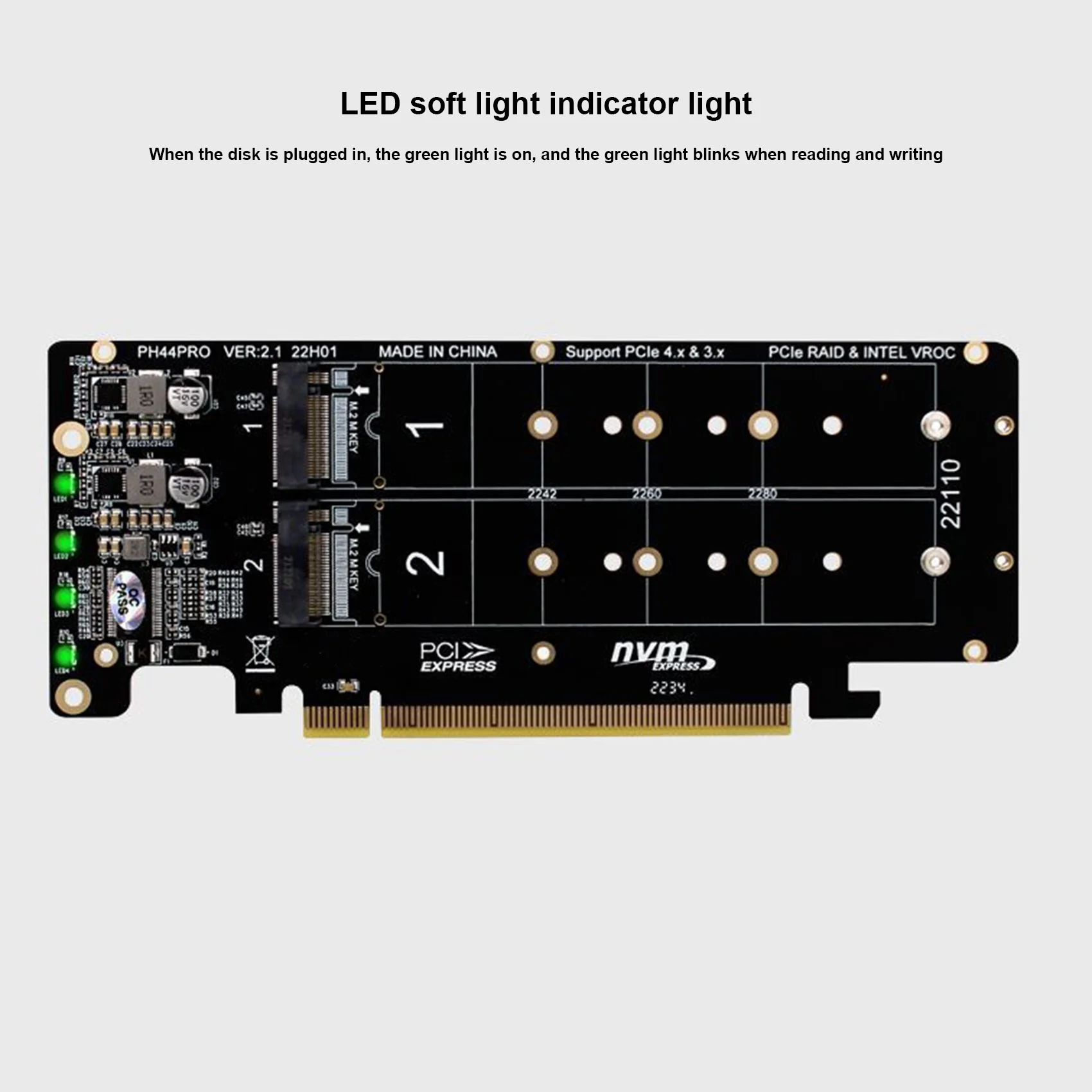 A44TPCIE X16 to M.2 M-Key NVMEx4 SSD 2U Server Riser Card Double-Sided 4-Disk NVME RAID PCI-EX16 Split Card