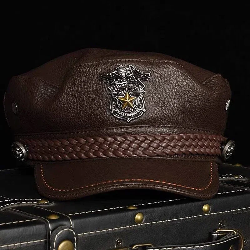 Retro Military Cap Man Genuine Leather Flat Top Hat Fashion Eagle Mark Braid Leather Punk Black/Brown Locomotive Casquette