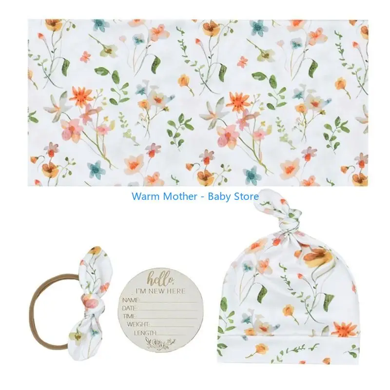 

4Pcs Breathable Cotton Baby Swaddles Wrap Hat Hairband Infant Receiving Blanket 57QE