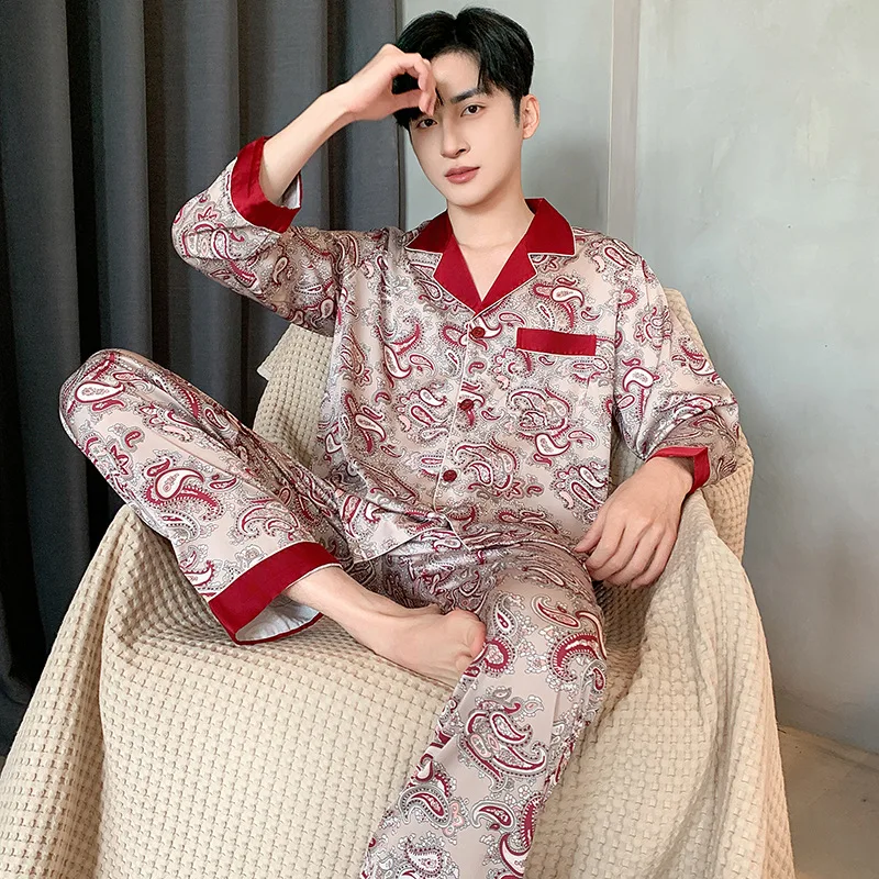 

Autumn Print Men's Pajama Sleep Set Long Sleeve Shirt Pant Pijamas Suit Loose Casual Ice Silk Trouser Suits Homewear Loungewear