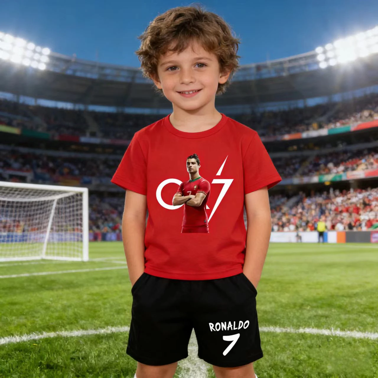 

Kids Summer CR7 T-shirt Sportswear 3-12 Years Boys Girls Football Short-sleeved+Shorts Letters Print Two-piece Casual Sports Set