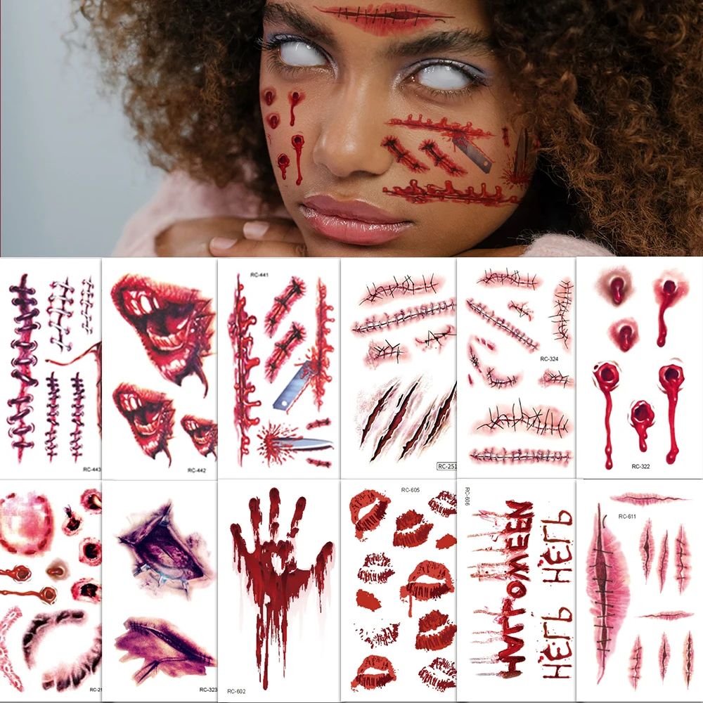 12 Sheets Halloween 3D Fake Scar Temporary Tattoos - Red Bloody Wound Suture Scar Zombie Design Facial Body Hand Art Fake Tattoo