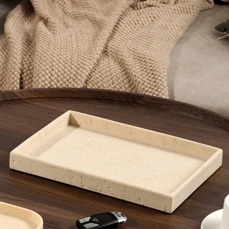 Beige Travertine Texture Rectangular Vanity Tray, Decorative Countertop Organizer for Bathroom Bedroom Living Room, Non-Slip