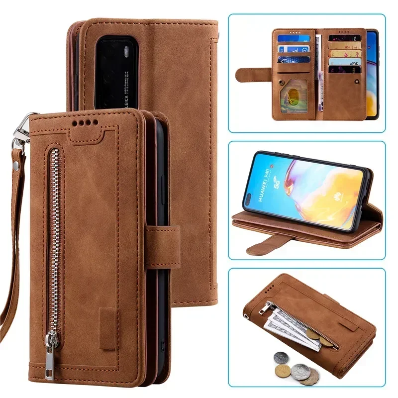 Etui Portfel Skórzane z Zamkiem na 9 Kart Huawei P20 P30 P40 Pro Honor 400 Pro 200 Lite X9C X8C X9B X8B X6B Magic 7 6 Lite — zdjęcie produktu 5