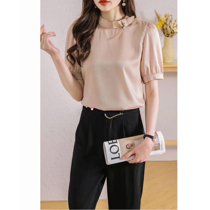 Women\'s 2024 New Summer Pullovers Solid Color Stand Collar Bow Fashion Elegant Loose Casual Versatile Short Sleeve Chiffon Tops