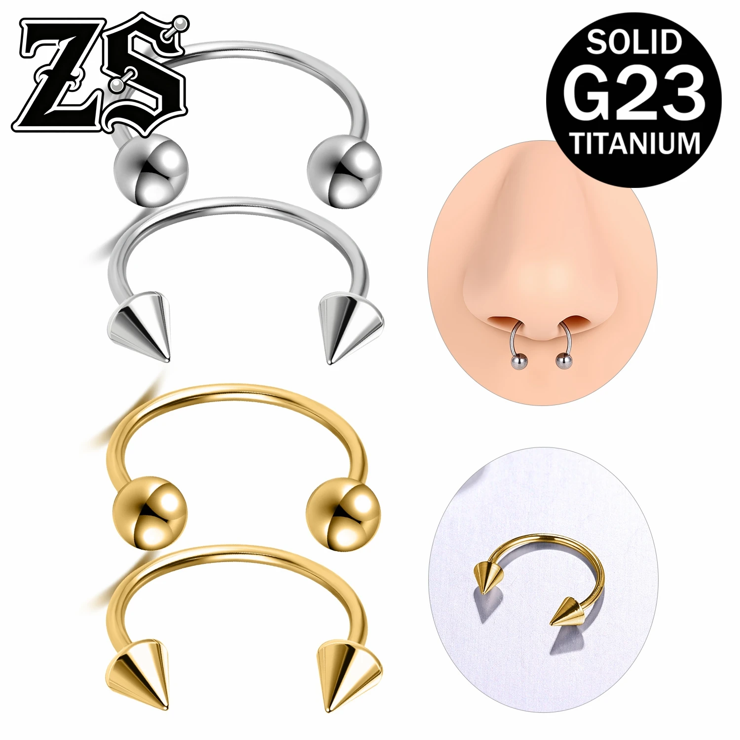 ZS 1 Stück ASTM F136 Titan 20G Nasenringe für Damen und Herren, Septum-Ring, klassischer Hufeisen-Kugel-Taper, Nasenloch-Piercing-Schmuck 8/10MM