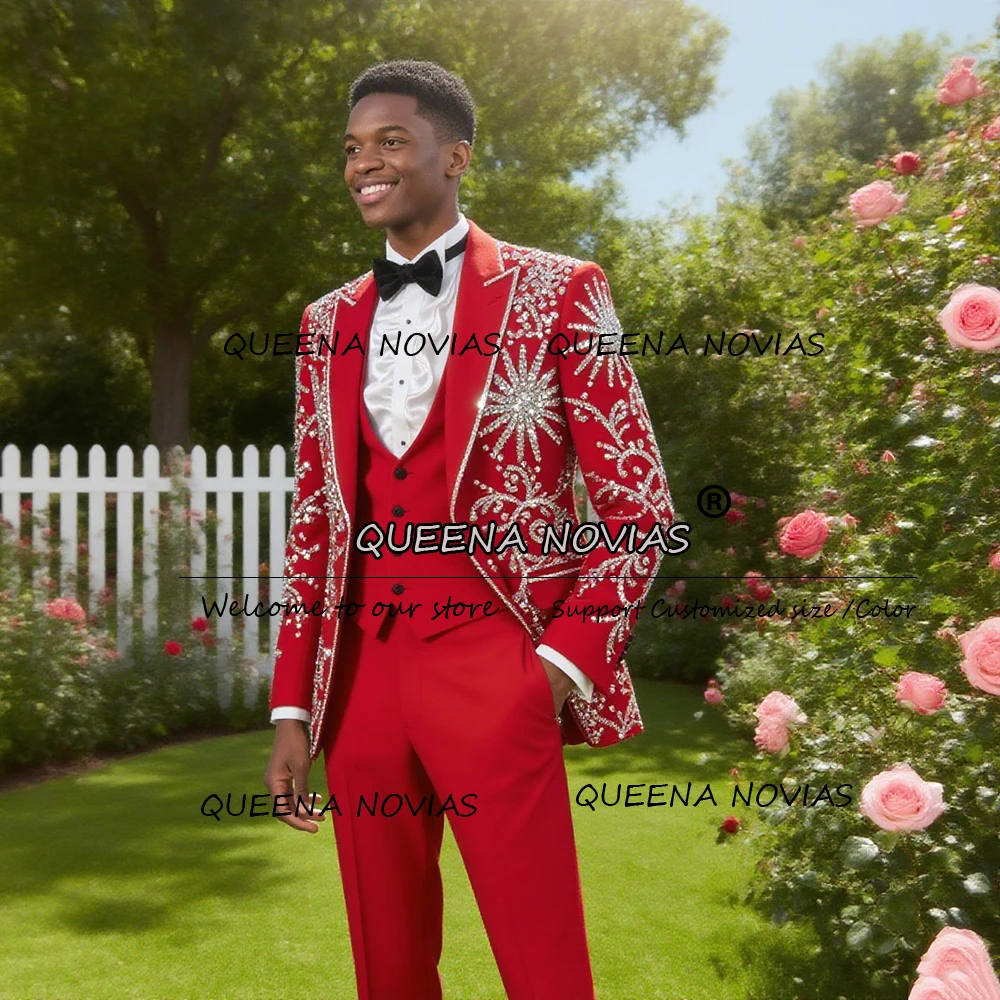 

Sparkling Crystals Beading Wedding Suits For Men 3 Pieces Sets Peaked Lapel Groom Banquet Party Tuxedos Customized Male Clothing