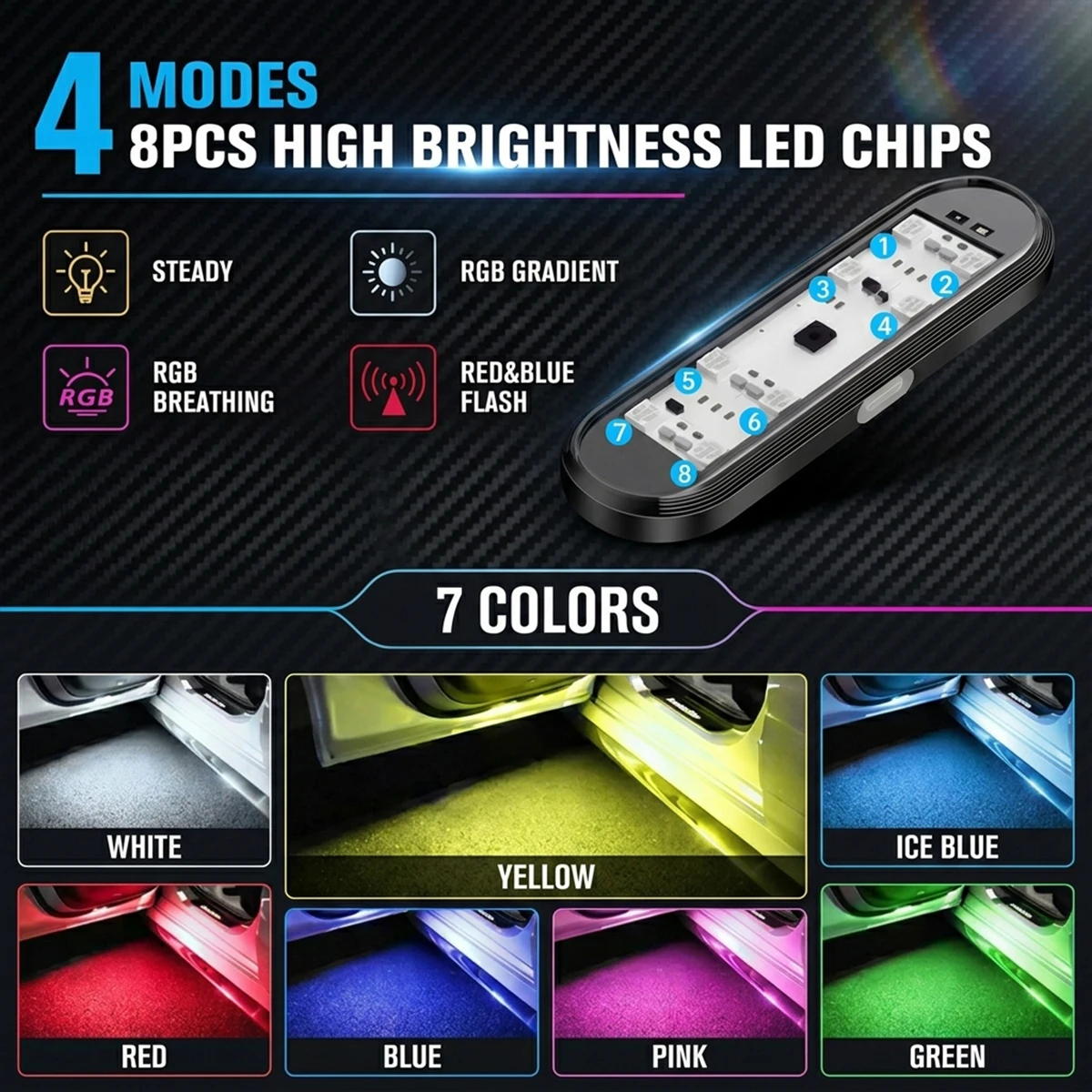 1-4pcs Car Door Warning Light RGB Infrared Sensor LED Light Magnetic Auto Courtesy Lamp 7 Color 4 Modes Car Interior Atmosphere