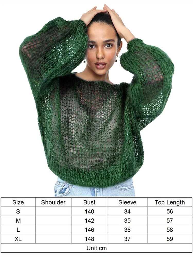 TAOVK Women\'s Crochet Tops Knitted Sweaters Lightweight Sheer Thin See Through Sweater Loose Hollow Mesh Holes Outwear