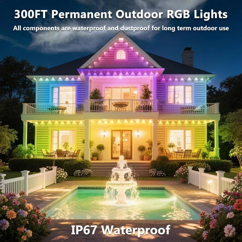 أضواء RGB خارجية دائمة بطول 300 قدم، إضاءة ذكية مقاومة للماء IP67، مع تطبيق/جهاز تحكم عن بعد، ضوء الطنف LED DIY #4