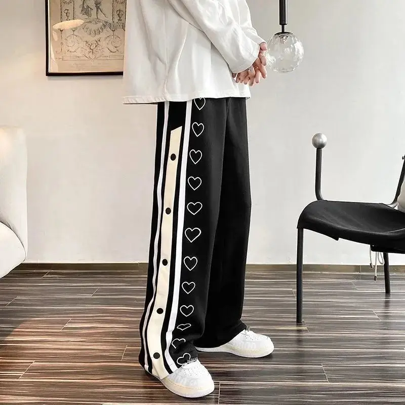 Black Hippie Pants Women Y2K Oversized Fashion Love Button Baggy Sweatpants Streetwear Straight Wide Leg Trousers Korean Style