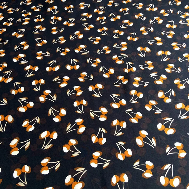 114CM Wide Orange Printed Thin Black Silk Crepe de Chine Fabric for DIY Sewing Summer Comfortable Dress Pants Pajamas C001-55