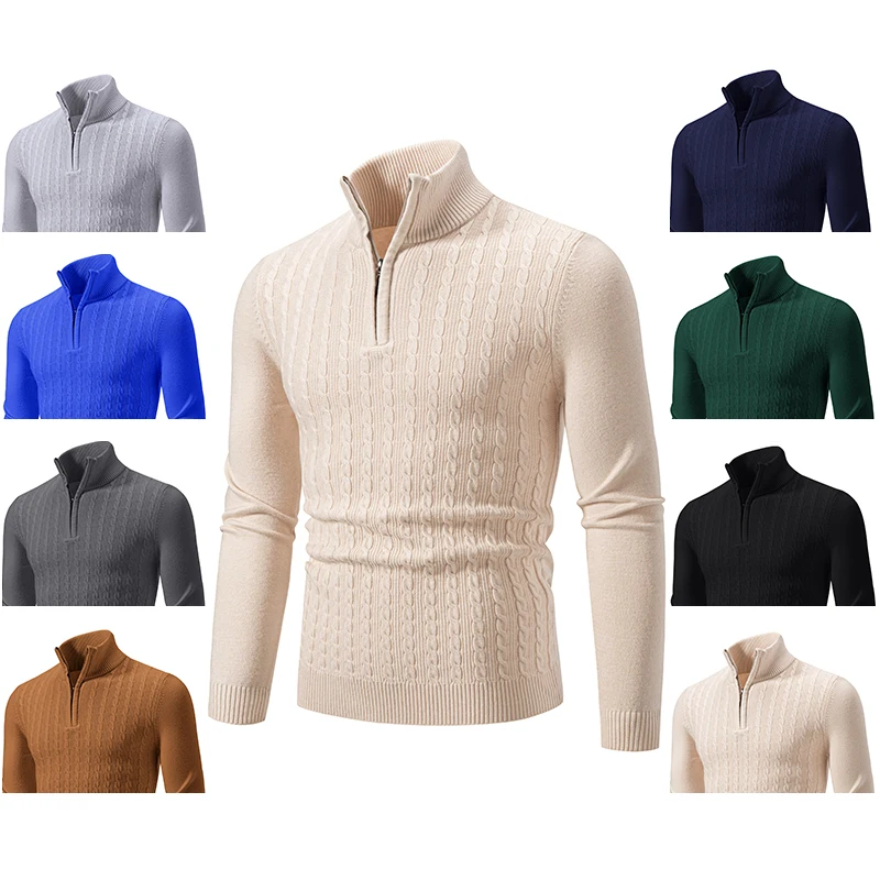 New Men's Fashion Turtleneck Zip-up Pullover Casual Comfort Long Sleeve Embroidered Striped Sweater