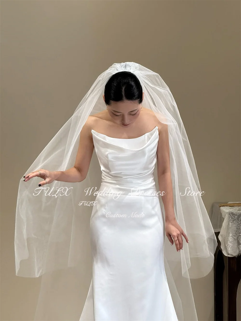 TULX elfenbeinfarbenes koreanisches Hochzeitskleid für Fotoshootings, O-Ausschnitt, Satin-Brautkleider, elegantes Meerjungfrau-langes Korsett, Omar Nadelautomaten 2025