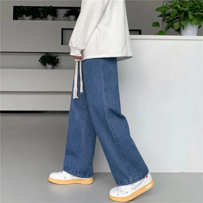 Men Baggy Jeans Streetwear Men Korean Style Unisex Simple Solid Color Loose Straight Leg Trousers Men Clothing Blue Black Jeans