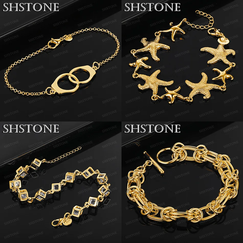 

18k Gold Handcuffs Starfish Square Zircon Bracelet Full Circle Link Chain Engagement Party Gift High Quality Fashion Jewelry