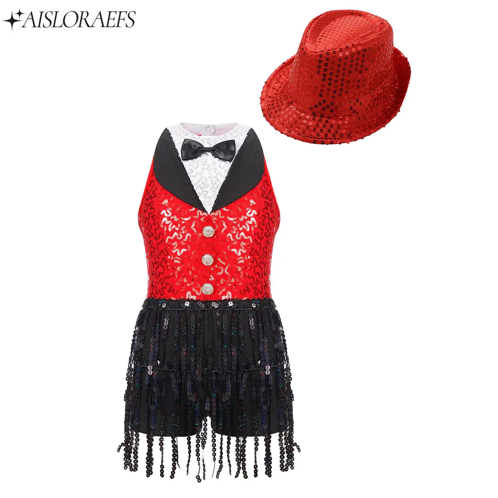 

New Kids Girls Jazz Latin Cha-cha Tango Samba Rumba Dance Set Sleeveless Sequin Jumpsuit with Hat for Performance Competition