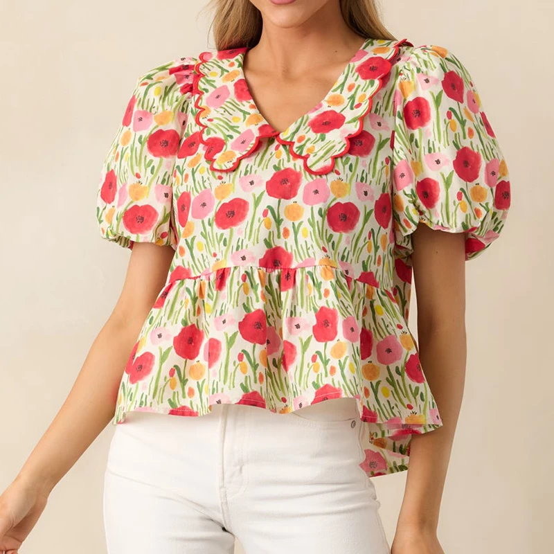 

Floral Puff Sleeve Blouse Women Fashion Trun Down Collar Babydoll Crop Tops Vintage Boho Vacation Chic T-shirt Ladies Going Out