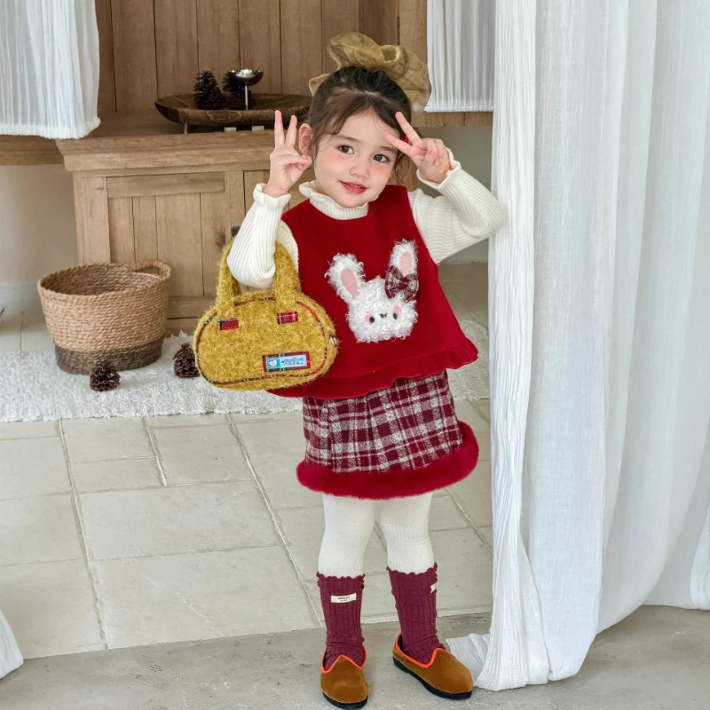 

2025 New Winter Children's Plush Rabbit Vest and White Bottom and Grid Splicing Plush Half Skirt 3-Piece Set