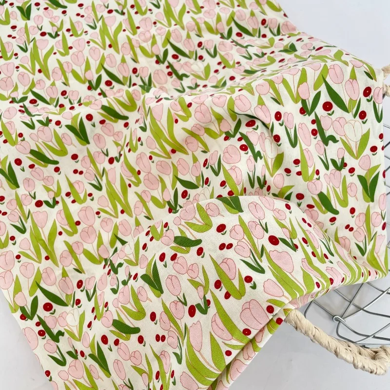 1meter Hand Drawn Tulip Print Soft Cotton Silk Fabric Fresh Breathable Spring Summer Dress Shirt Hanfu DIY Home Craft Sewing