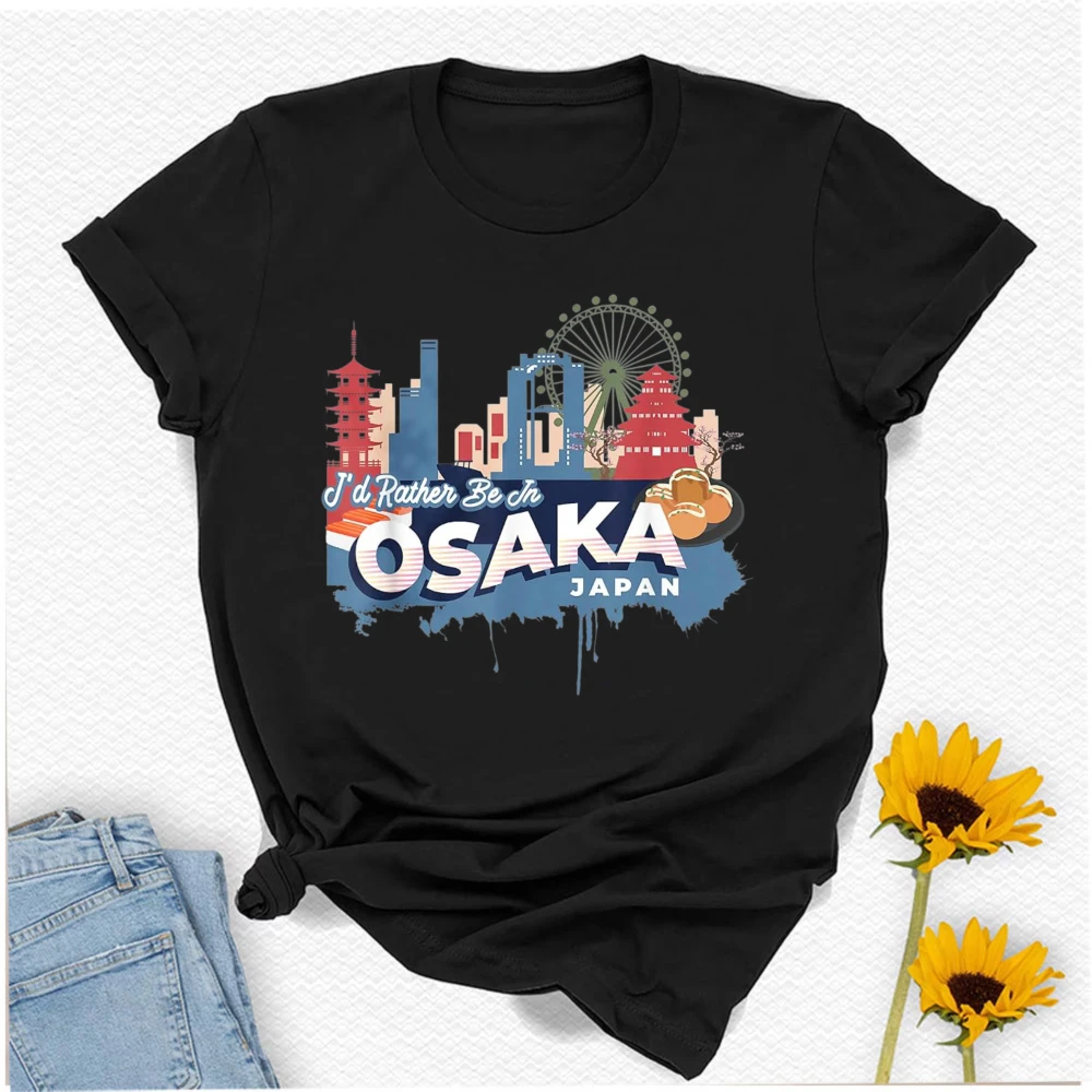 OSAKA Japan City Skyline Pagoda Ferris Wheel Watercolor Print Women Cotton T Shirt Japanese Travel Vacation Souvenir Casual Tops - view 5