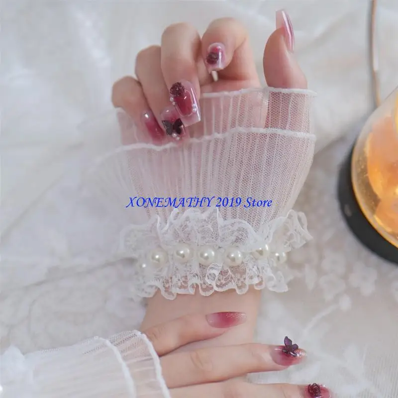 

F42F Breathable Ruffle Lace Wrist Cuffs With Adjustable Elastic Band Vintage Pearls Decors Arm Sleeves For Costume Dresses