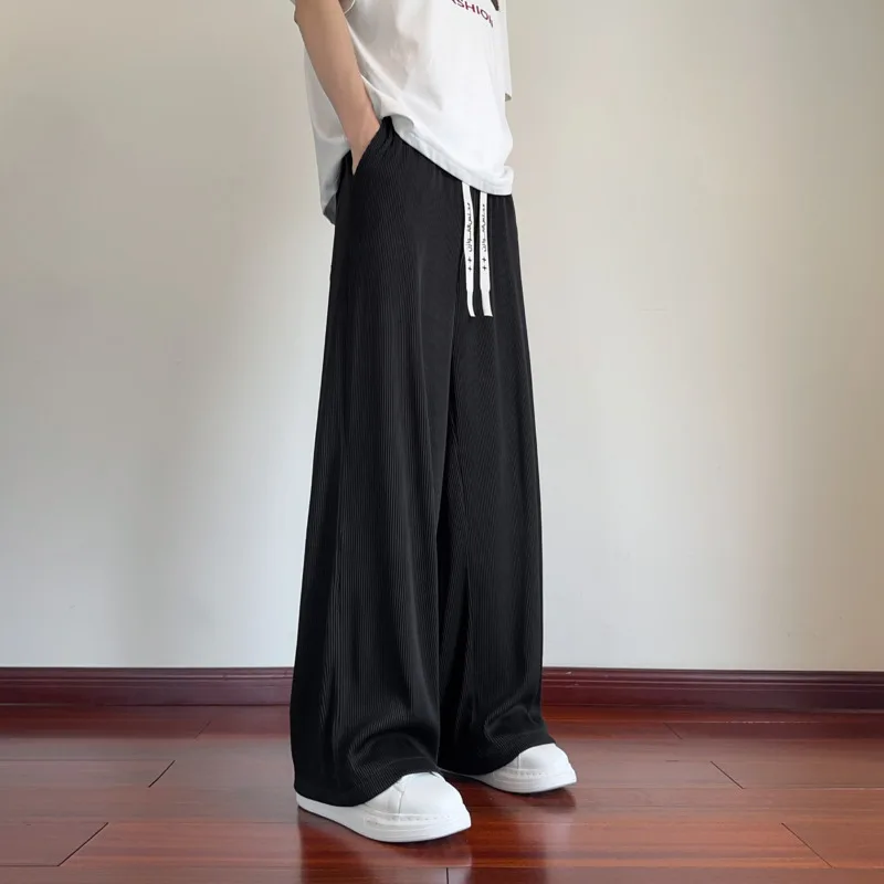 Summer Casual Pants Men Black Wide Leg Pants Men Japanese Streetwear Hip-hop Loose Ice Silk Pants Mens Trousers Plus Size 4XL
