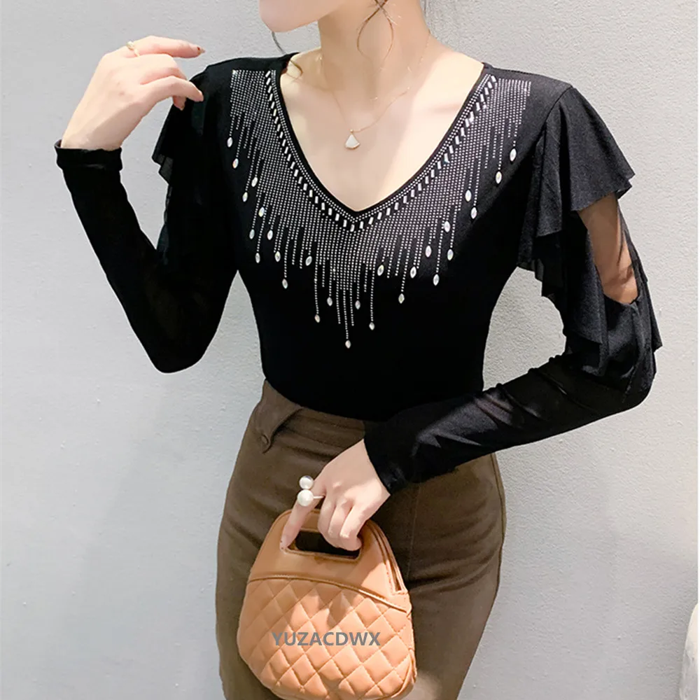 2025 Autumn New Original Heavy Industry Diamond Women's T-Shirt Inlaid Double layer Long Sleeve Ruffles Mesh Tops