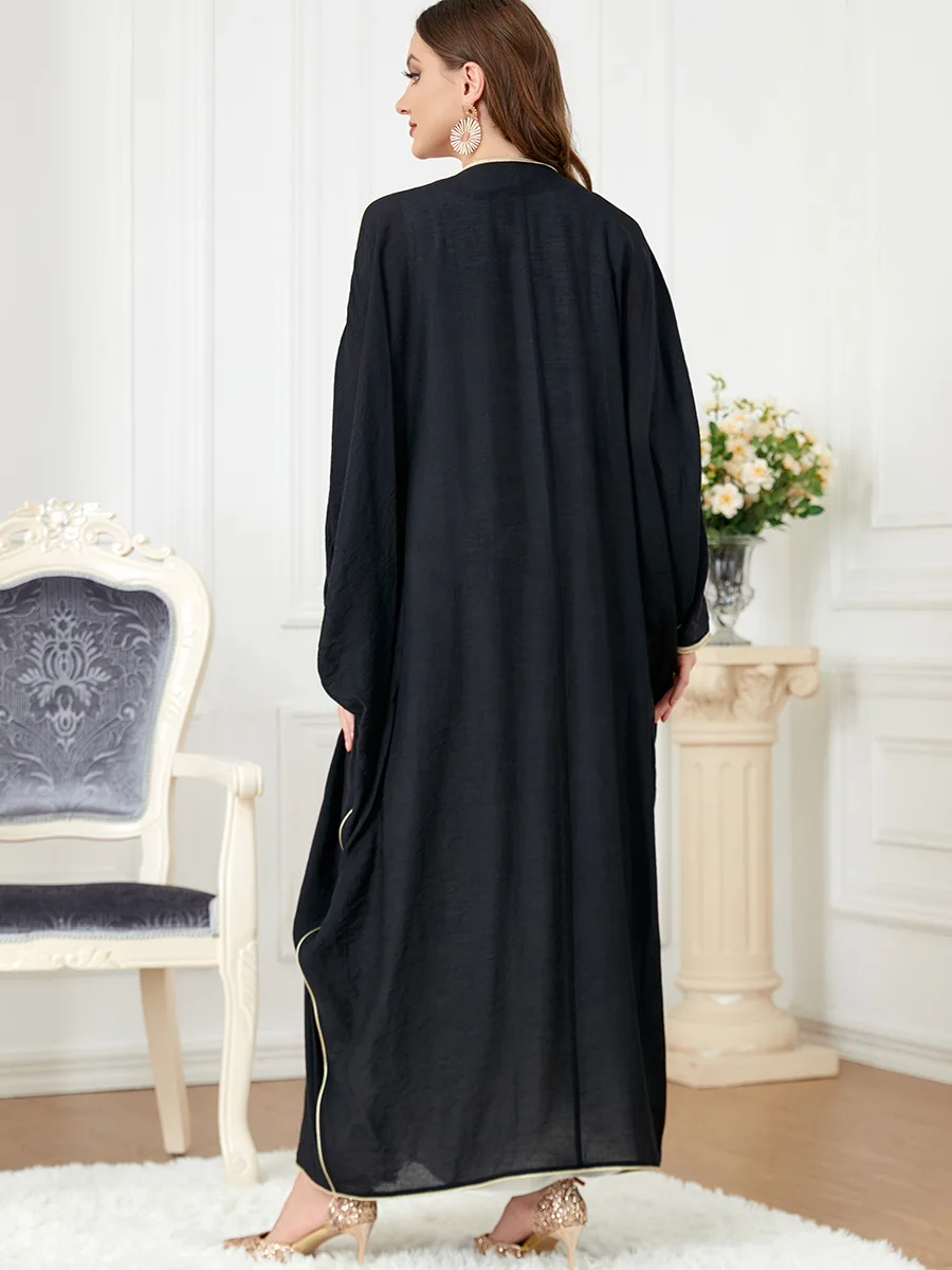 Imagem -06 - Kaftan Preto Abaya Aberto com Apliques de Lantejoulas para Mulheres Cardigã de Quimono Muçulmano Batwing Vestido Longo Caftan Marroquino Dubai Abayas 2023