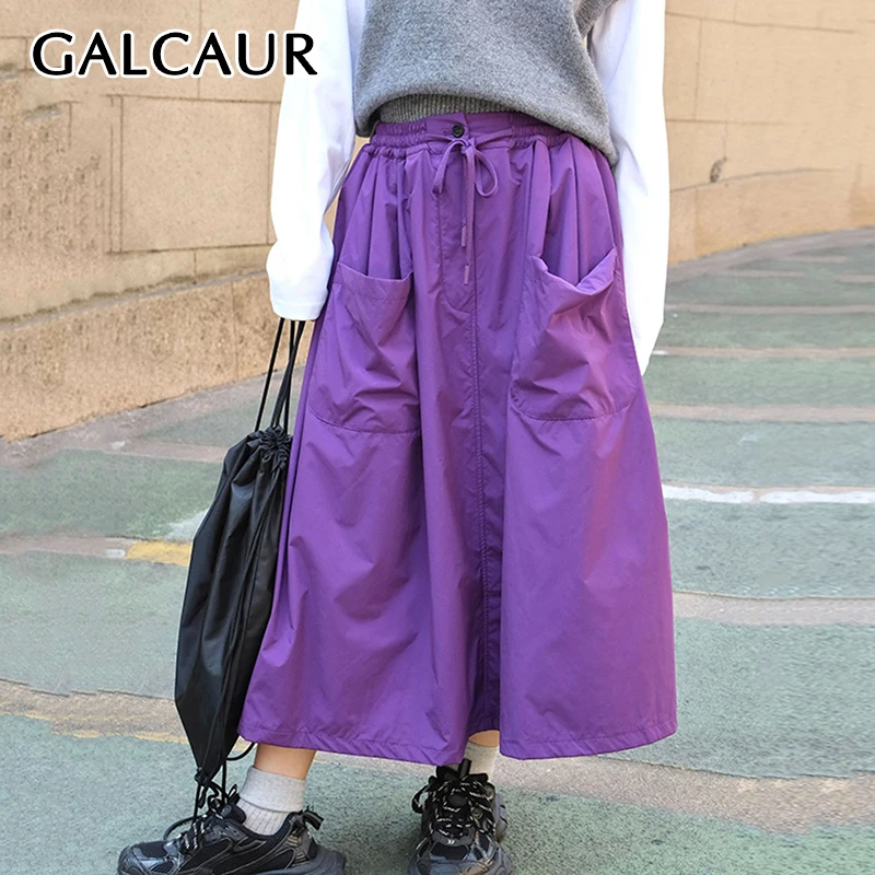 

GALCAUR Solid Spliced Pockets Cargo Skirts For Women High Waist Patchwork Drawstring Casaul A Line Long Skirt Female Autumn 2024