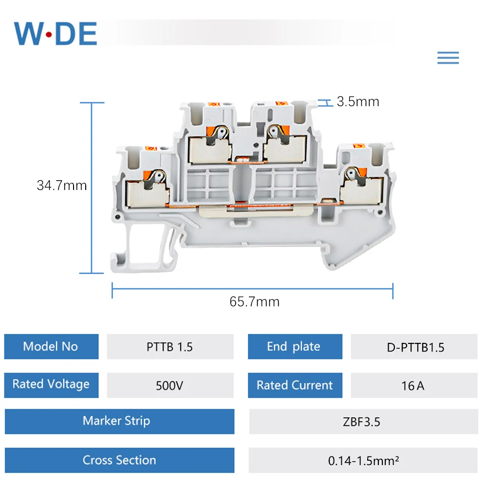 10pcs Din 레일 터미널 블록 PTTB-1.5 전기 커넥터 1.5mm 더블 레이어 스프링 배선 연결 와이어 도체 PTTB1.5 