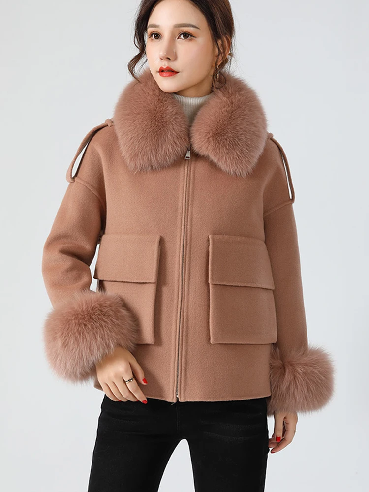 Women's Winter Woolen Fur Parka Removable Real Rex Rabbit Fur Lining Fox Fur Collar Female Thick Warm Cold Winter Woolen Jacket