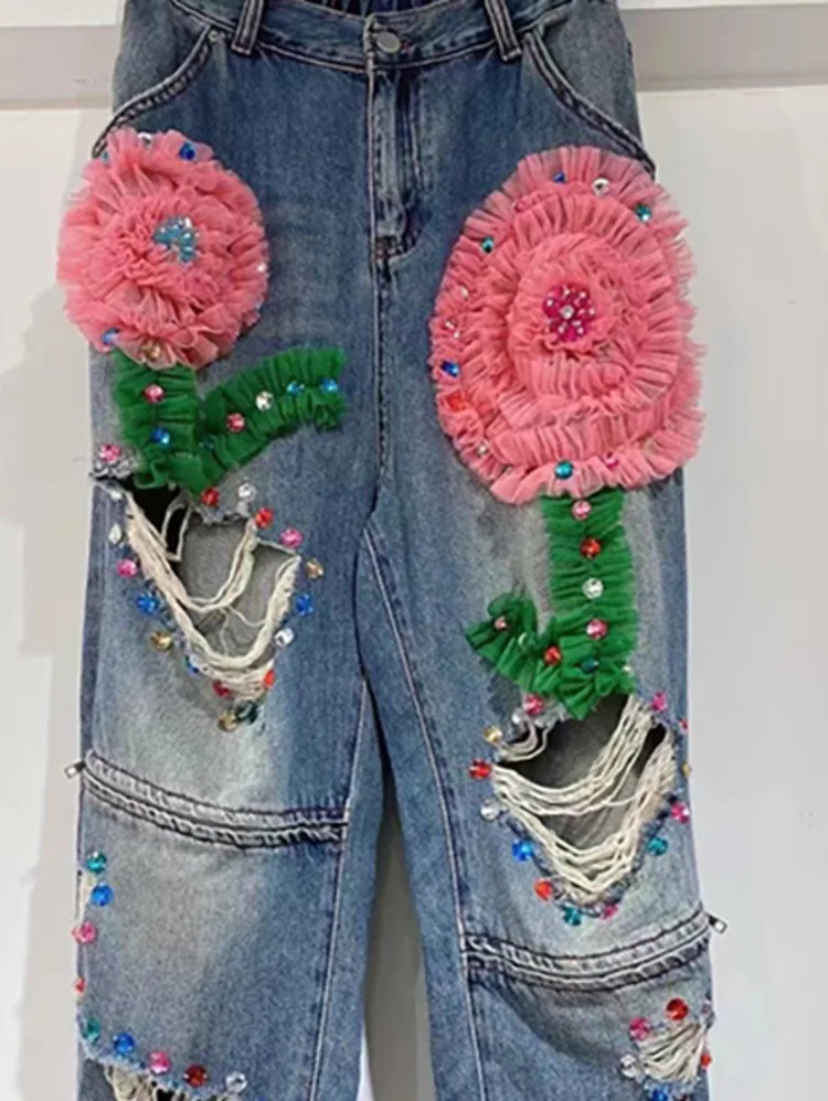 Imagem -06 - Deat-jeans de Cintura Alta Feminino Flares Bordados Retos Oco Flores Plissadas em Renda 3d Calça Jeans Nova Moda Outono 2024