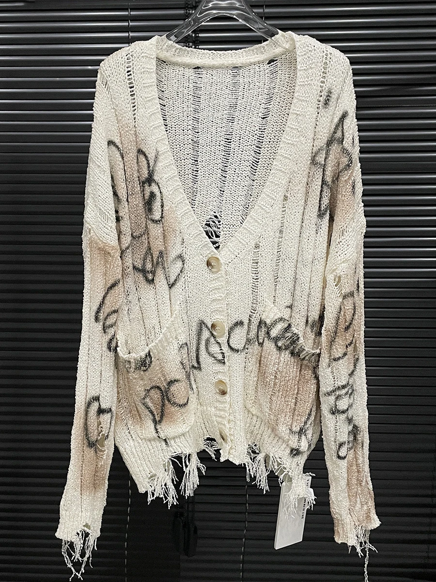 ReddaChic Graffiti Hollow Knitted Jacket Women Long Sleeves Pockets Frayed Button Front Cardigan Sweater Retro Grunge Streetwear