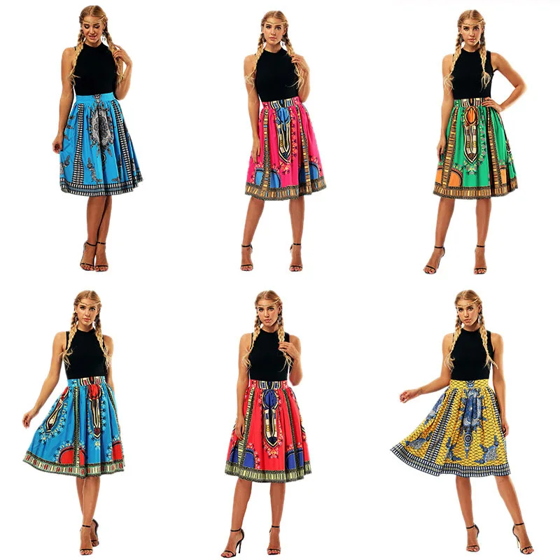 2022 Summer Women Africa skrit Boho Gypsy Anakra Skirt Women African Dashiki Print Flare Pleated Skirt Lady Girls Beach skirt