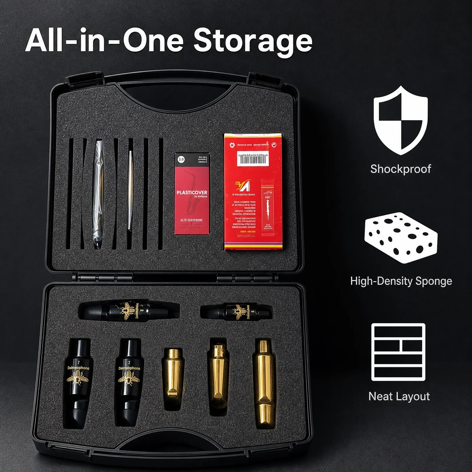 Saxophone Mouthpiece Hard Storage Case, High Density Foam Liner Protective Box for Sax Reeds and Wind Instrument Accessories