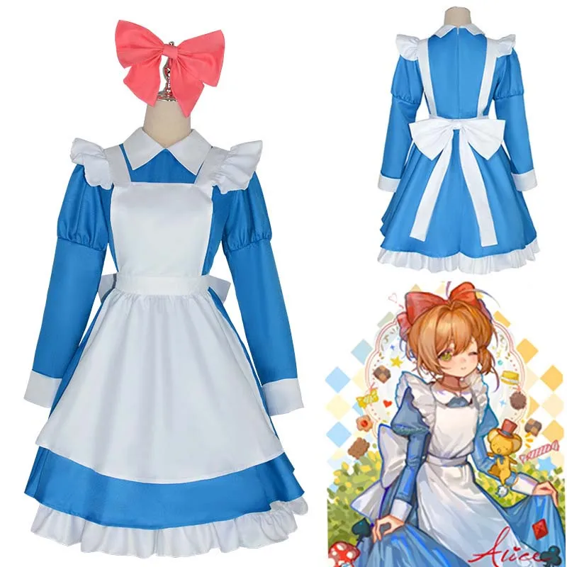 Anime Cos Alice Kinomoto Sakura Cosplay Costume Wig Cardcaptor Sakura Card Captor Blue Maid Dress Daily Clothing Woman Cute Suit