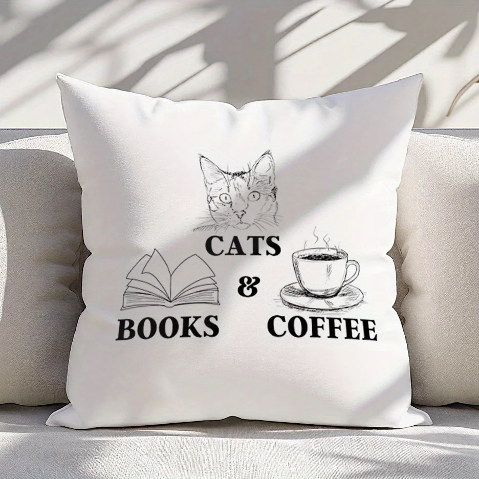 Cats Books Coffee Pillow Case, Cute Kitten Reading Cushion Cover, Book Lover Gift Home Decor Throw Pillow Slipcover for Sofa