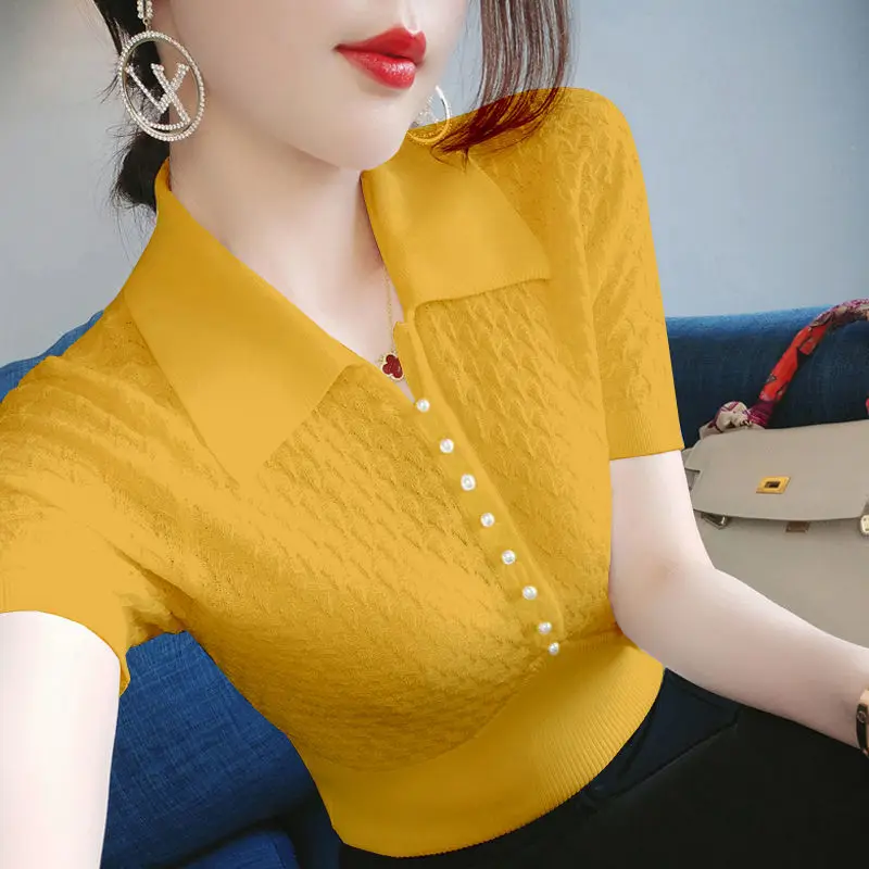 

Summer New Slim Knitted Korean Tops Office Lady Tee Shirt Elegant Lapel Solid Color Beading T-Shirts Women's Clothing 2025