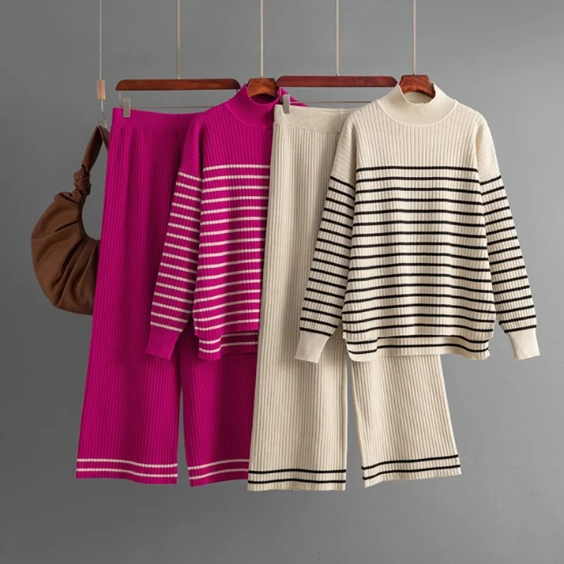 

Autumn Winter Stripe Elegant Women's Knitted Sweater Two Piece Sets Casual Pullover Pencil Pants Sets 2 Pieces Women Outifits