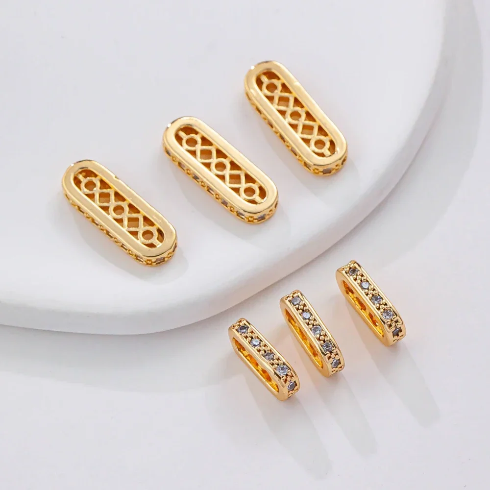 14K Gold Color Plated Porous Elliptical Zircon Bead Spacer DIY Pearl Bracelet Connector Jewelry Making Supplies Accessories 4pcs