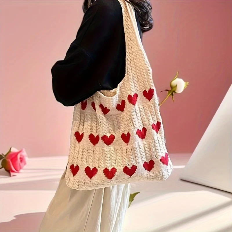 Модная вязаная сумка с узором в виде сердца — сумка через плечо в милом стиле, подарок на День святого Валентина, ручная работа без подкладки, элегантная и прочная покупка