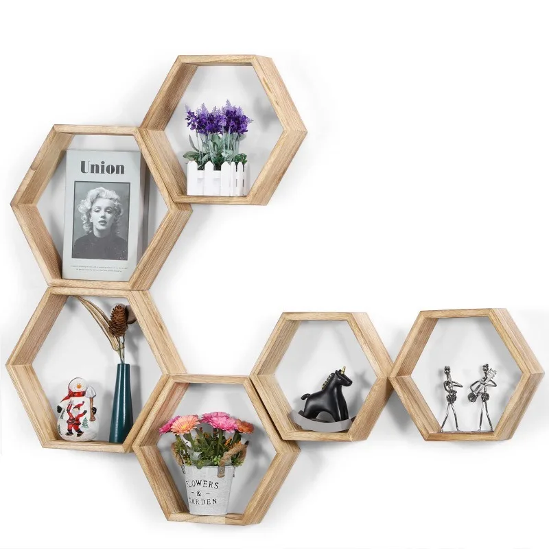 

Pine hexagonal floating wall-mounted shelving honeycomb decorative wooden frame for home living room and flower pot
