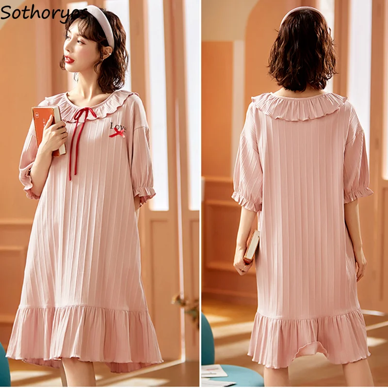 

Short Sleeve Nightgowns Women Ruffles Lovey Ulzzang Cartoon Printed Fashion Loose Causal Cozy Simple Bow Sweet Retro Sleepwear