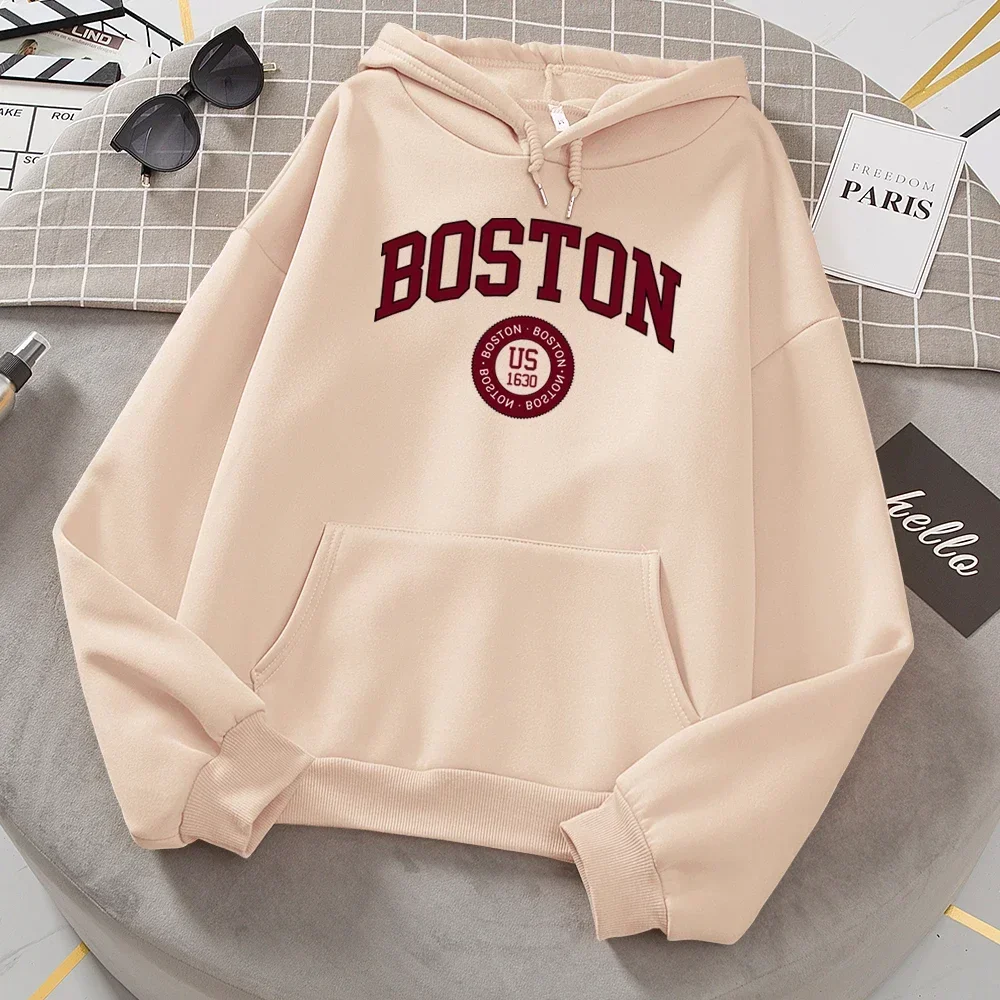 Boston City Us Founded in 1630 Hoodies Women Warm Comfortable Pullovers Fashion Casual Female Hooded Basic All Match Sweatshirt