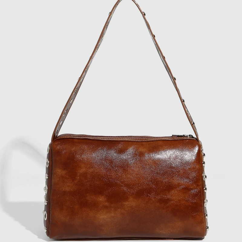

Punk Style Autumn Vintage Soft Leather Underarm Bag for Women Motorcycle Style Rivet Design Shoulder Armpit Bag Handbag Purses